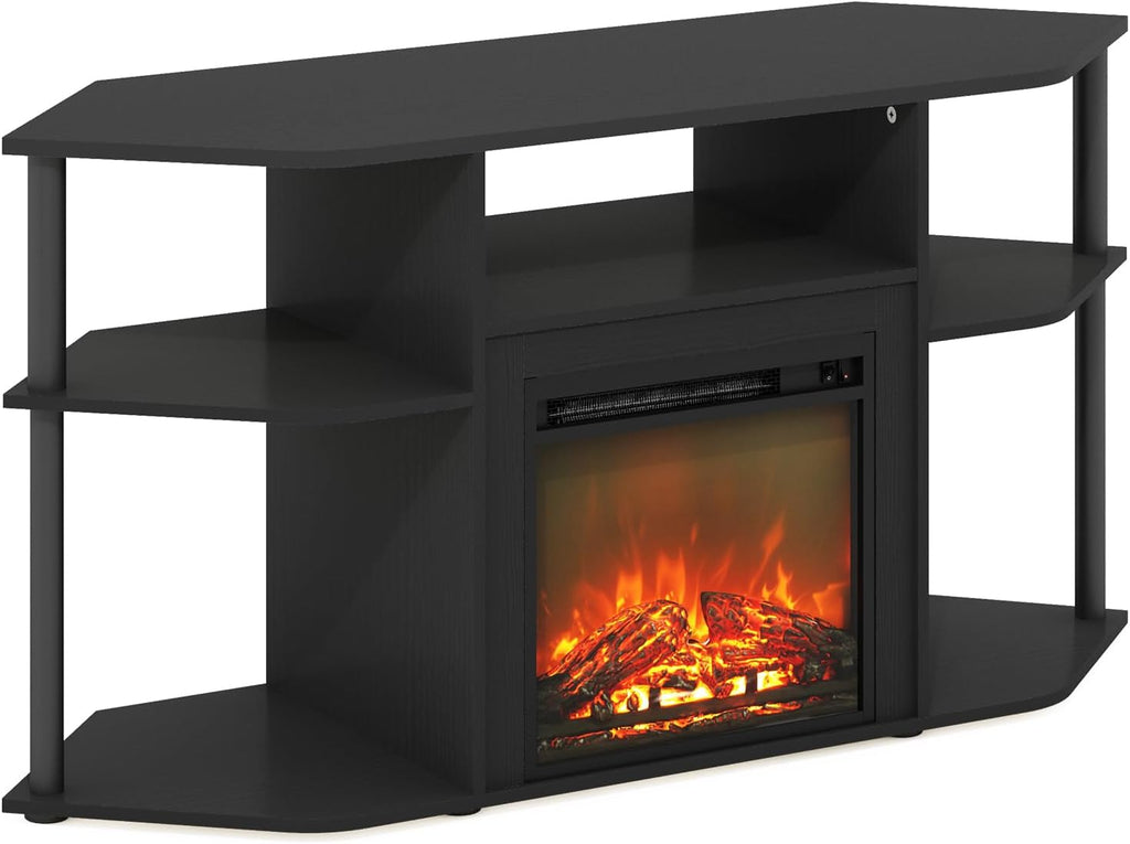 Furinno Jensen Fireplace TV Stand, Corner Entertainment Center, TV Console for TV up to 55 Inch with Fireplace, Plastic Poles and Open Storage, for Living Room, Bedroom, Americano