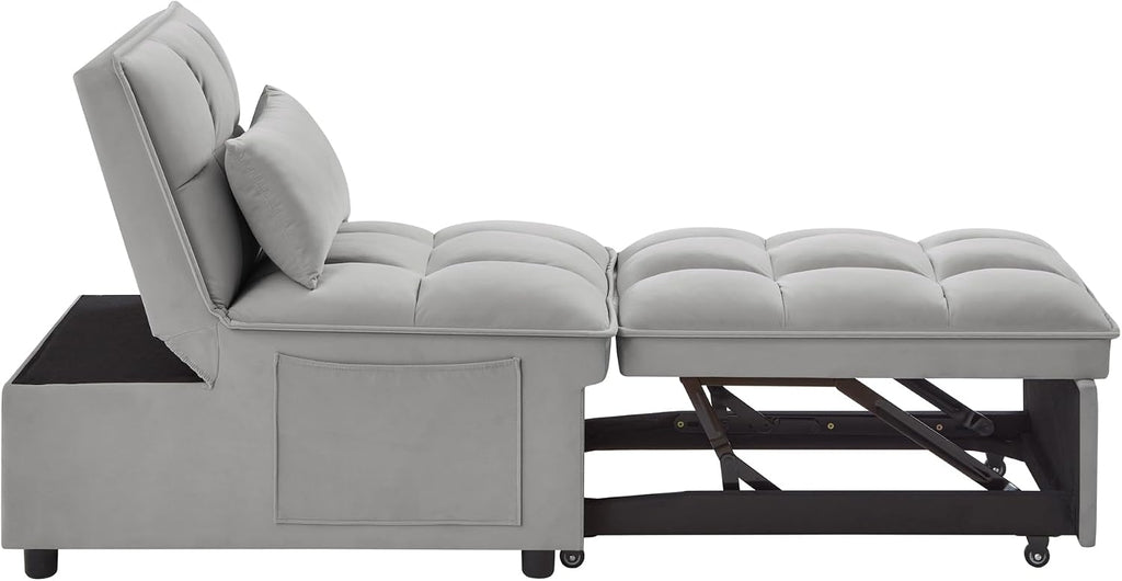 YOPTO Multi-Function Convertible Single Sleeper Sofa Bed with Storage Pockets,Velvet Tufted Pull-Out Couch Bed 4in1 W/Adjustable Backrest & Pillows,Chaise Lounge for Living Room,Small Space,Gray
