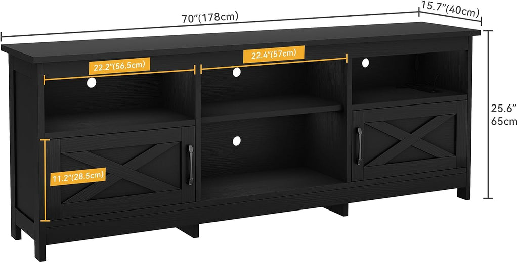 DWVO Farmhouse TV Stand with Power Outlets & LED Lights, Entertainment Center for TVs up to 80', TV Console with Storage Cabinets & Open Shelves for Living Room (Black)