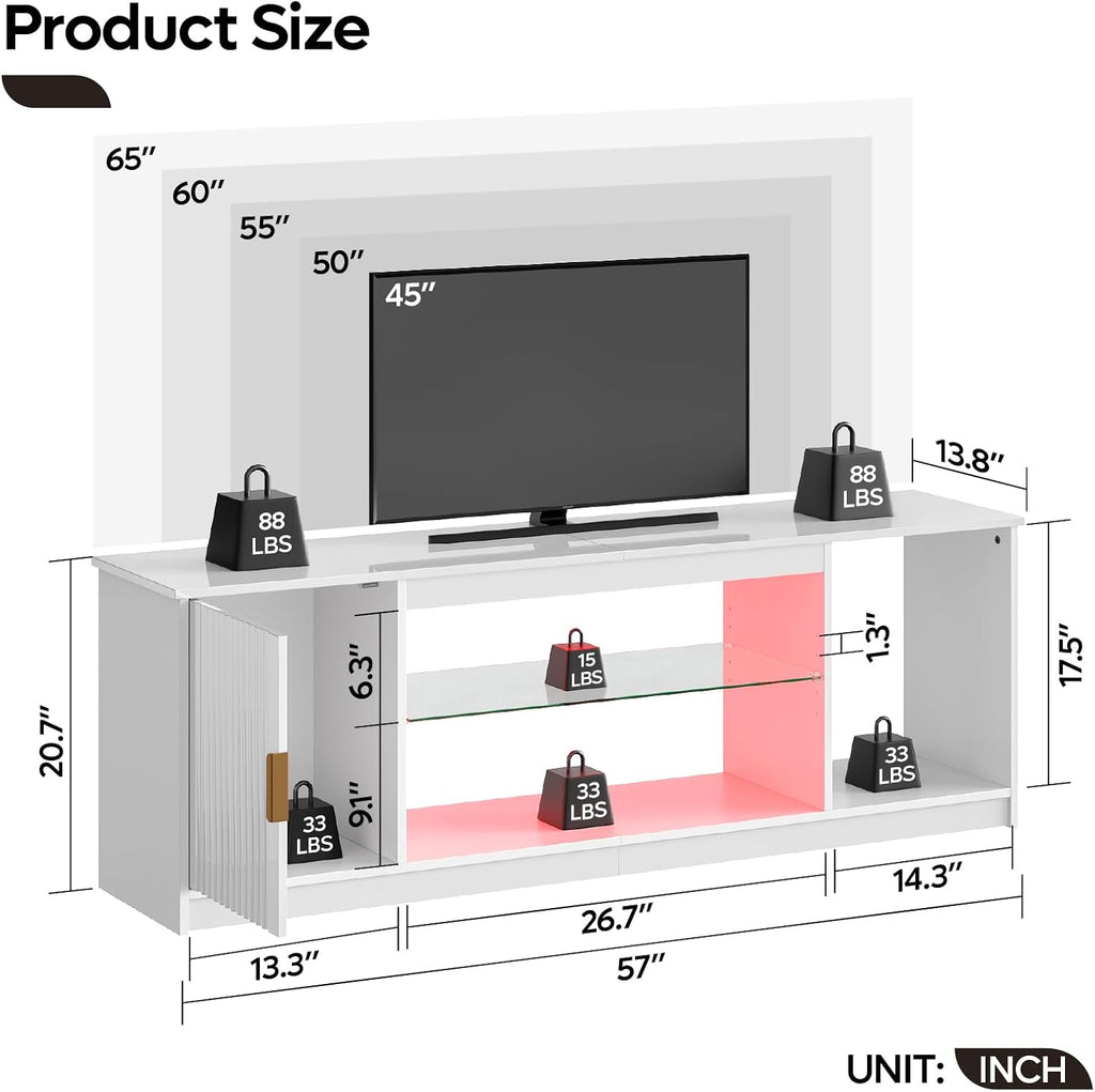 Bestier Glossy Fluted TV Stand for 65 Inch TV, Gaming LED Entertainment Center with Cabinet for PS5 Xbox, TV Console with Adjustable Glass Shelves for Living Room Bedroom, Bright White