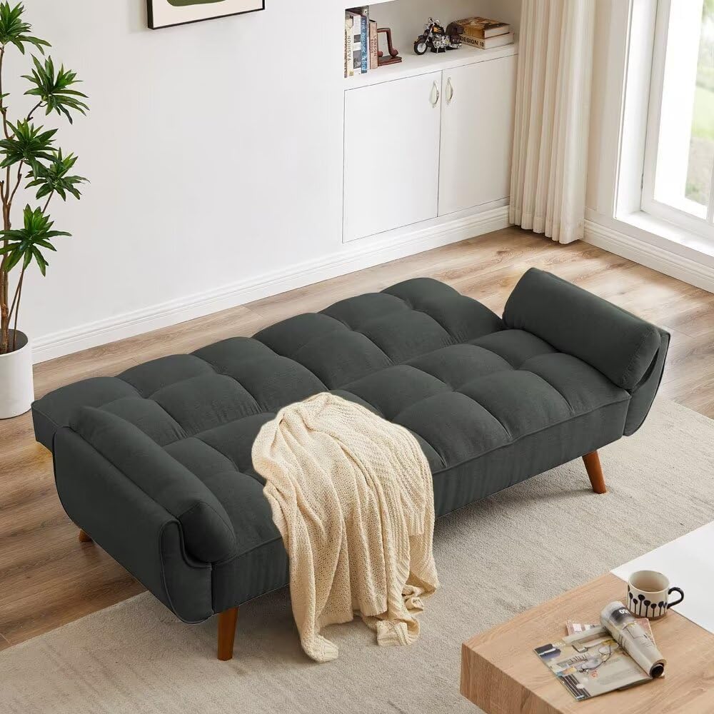 Convertible Futon Sofa Bed, Modern Futon Couch with 2 Pillows, Small Futons Couch with Adjustable Armrest & Backrest, Loveseat Sofa Bed for Living Room, Bedroom, Black