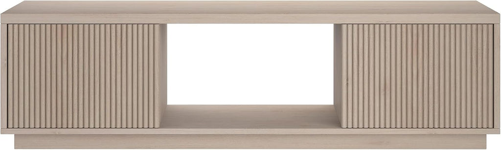 Henn&Hart Fluted TV Stand for TVs up to 65' with 2 Side Storage Cabinets and Open Center Storage for Living Room, Family Room, or Office, Beech White