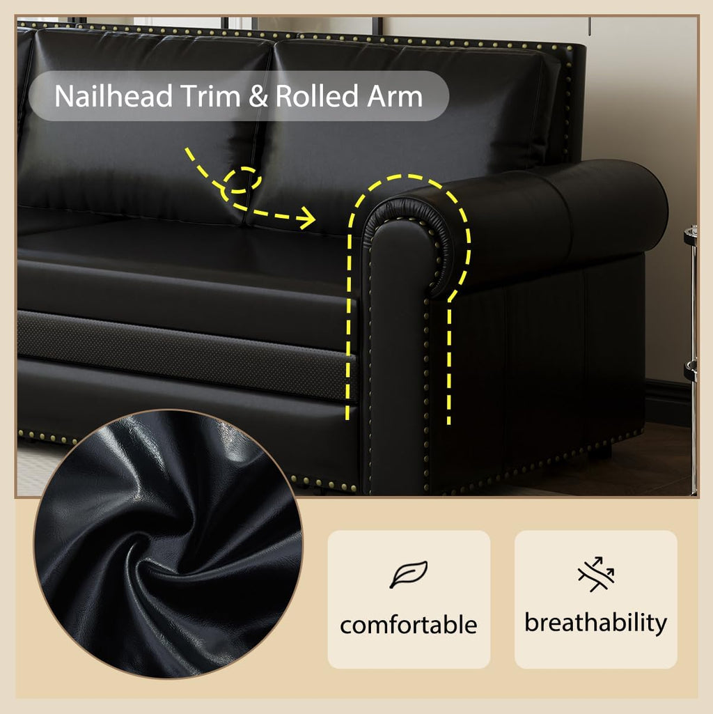 93.7' King Size Sleeper Sofa Bed, Pull Out Sofa Bed, Faux Leather Upholstery, 3 in 1 Convertible Sleeper Couch, Chaise Lounge, Retro Recliner for Living Room, Apartment, Office, Black