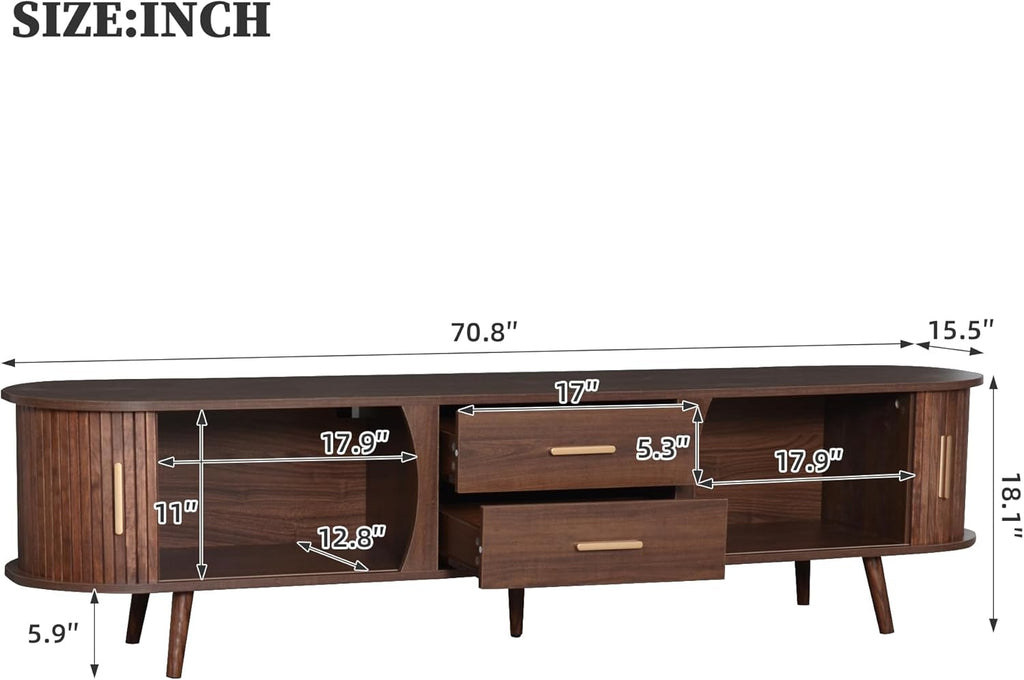Merax 70' Fluted TV Stand for TVs Up to 80', Mid Century Entertainment Center with Sliding Tambour Doors and Drawers, Modern Curved Media Console with Storage for Living Room, Walnut