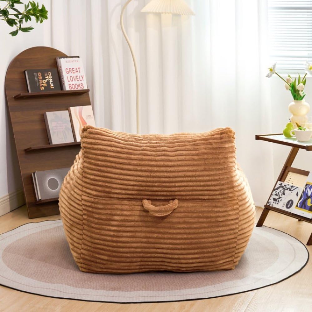 Bean Bag Chair for Adults with Armrests - Oversized Comfy Beige Beanbag Lounge Lazy Floor Sofa Chair for Living Room, Bedroom & Dorm, Cozy Fluffy Single Cloud Mini Couch (Brown + Corduroy + Foam)