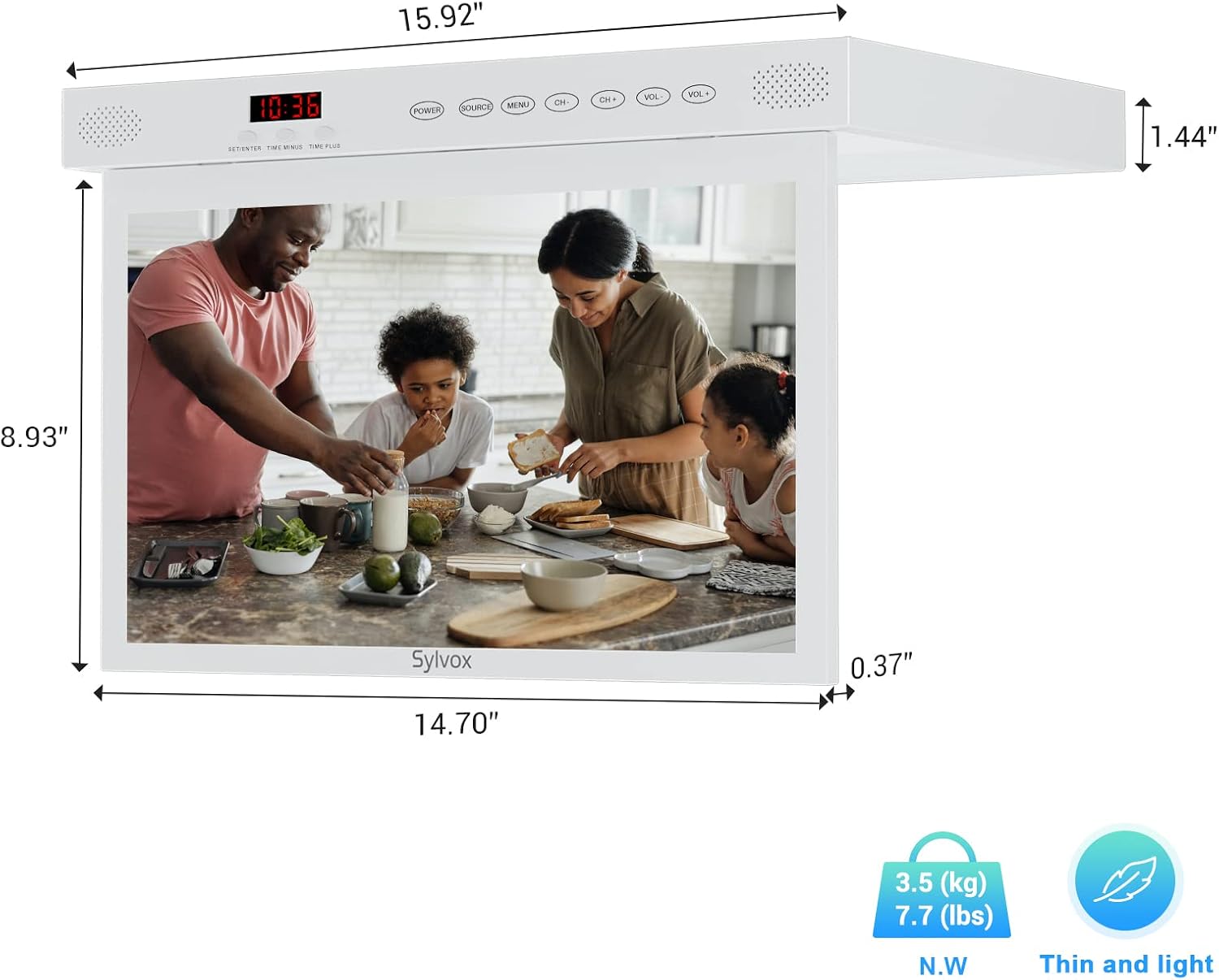 SYLVOX 15.6' Under Cabinet Smart TV – 360° Rotation, 90° Flip-Down Screen, Wireless Connectivity, Space-Saving Design for Kitchen, Bedroom, or RV. (Pure White)