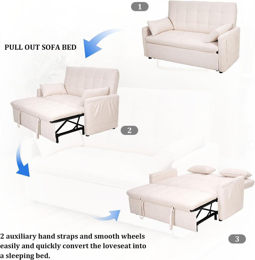 Oversized 3-in-1 Convertible Sleeper Sofa Bed, Futon Couch with Pullout Bed, 2-Seater Loveseat Sofa w/Pockets, Adjustable Backrest and Pillows for Living Room Apartment (White-Button Tufted)