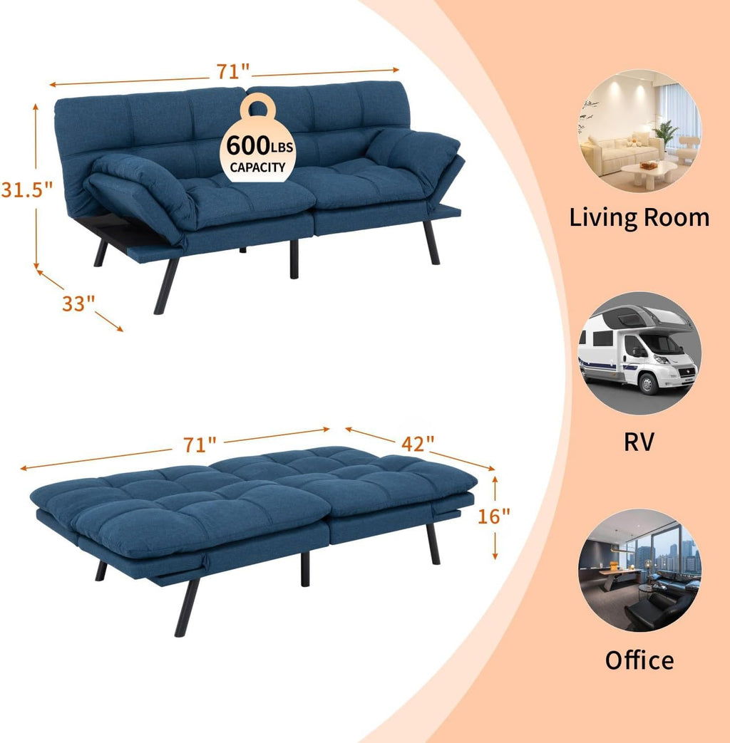 MUUEGM Futon Sofa Bed 71' Convertible Memory Foam Royal Blue Futon Couch Bed Modern Loveseat Sleeper with Adjustable Backrests Armrests for Living Room,Small Space,Office