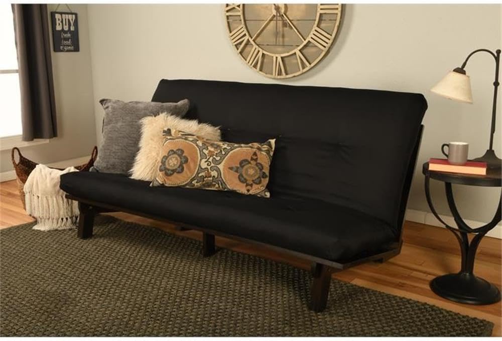 Kodiak Furniture Carson Full Size Futon Frame and Mattress Set - Java Brown Finish Wood Futon Frame with Mattress Included in Twill Black Color
