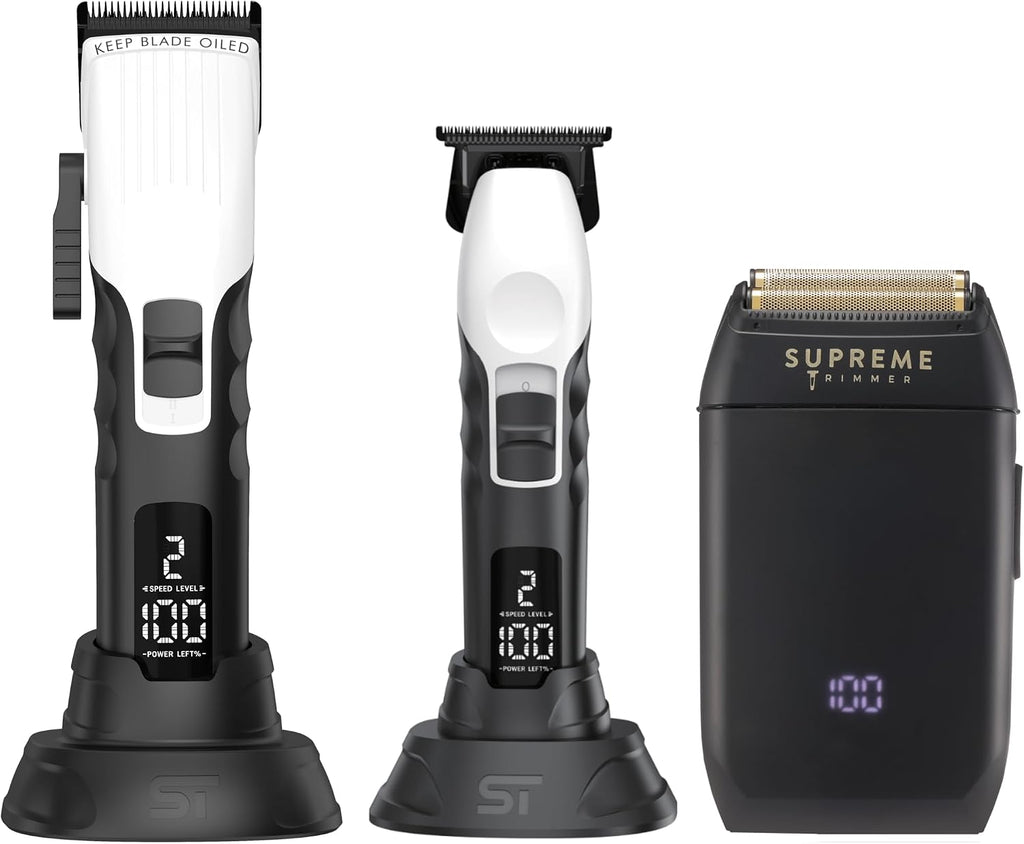 Supreme Trimmer 3-in-1 Barber Bundle | 2Spee Clipper, 2Spee Trimmer & Crunch Foil Shaver | Professional Beard Trimmer Men's Hair Clipper Kit | White