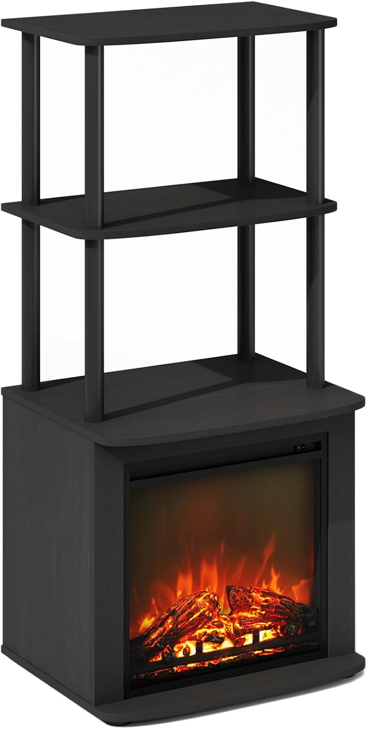 Furinno Turn-N-Tube Side Table, 3-Tier NO Heat Fireplace End Table with Open Shelf, Electric Fireplace Display Night Stand, Bedside Table, for Living Room, Bedroom, Americano/Black