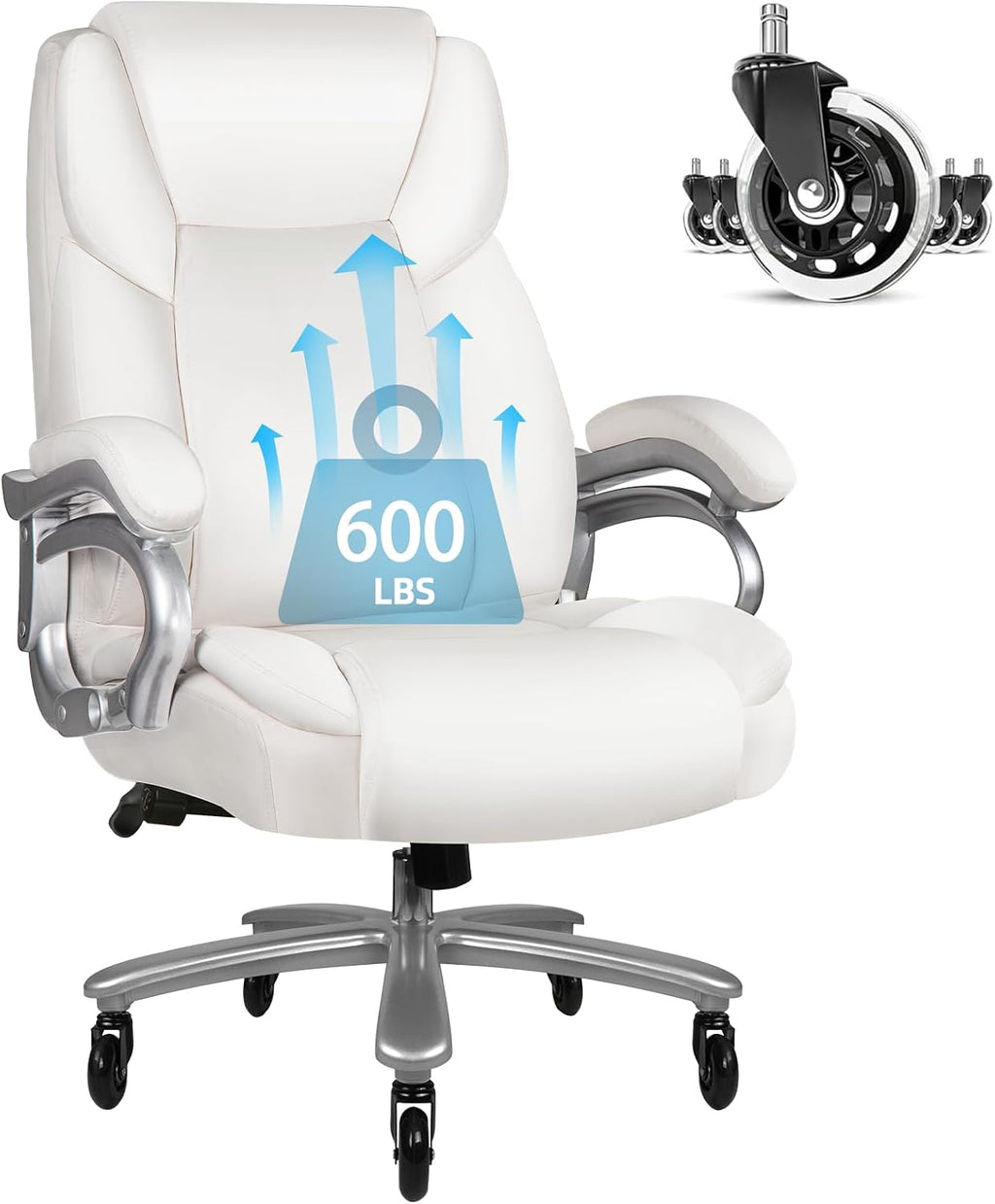 VITESSE 600lbs Heavy Duty Office Chair for Low Back Pain Relief, Big and Tall Office Chair with Ergonomic Lumbar Support, High Back Executive Chair with Quiet Rubber Wheel（White）