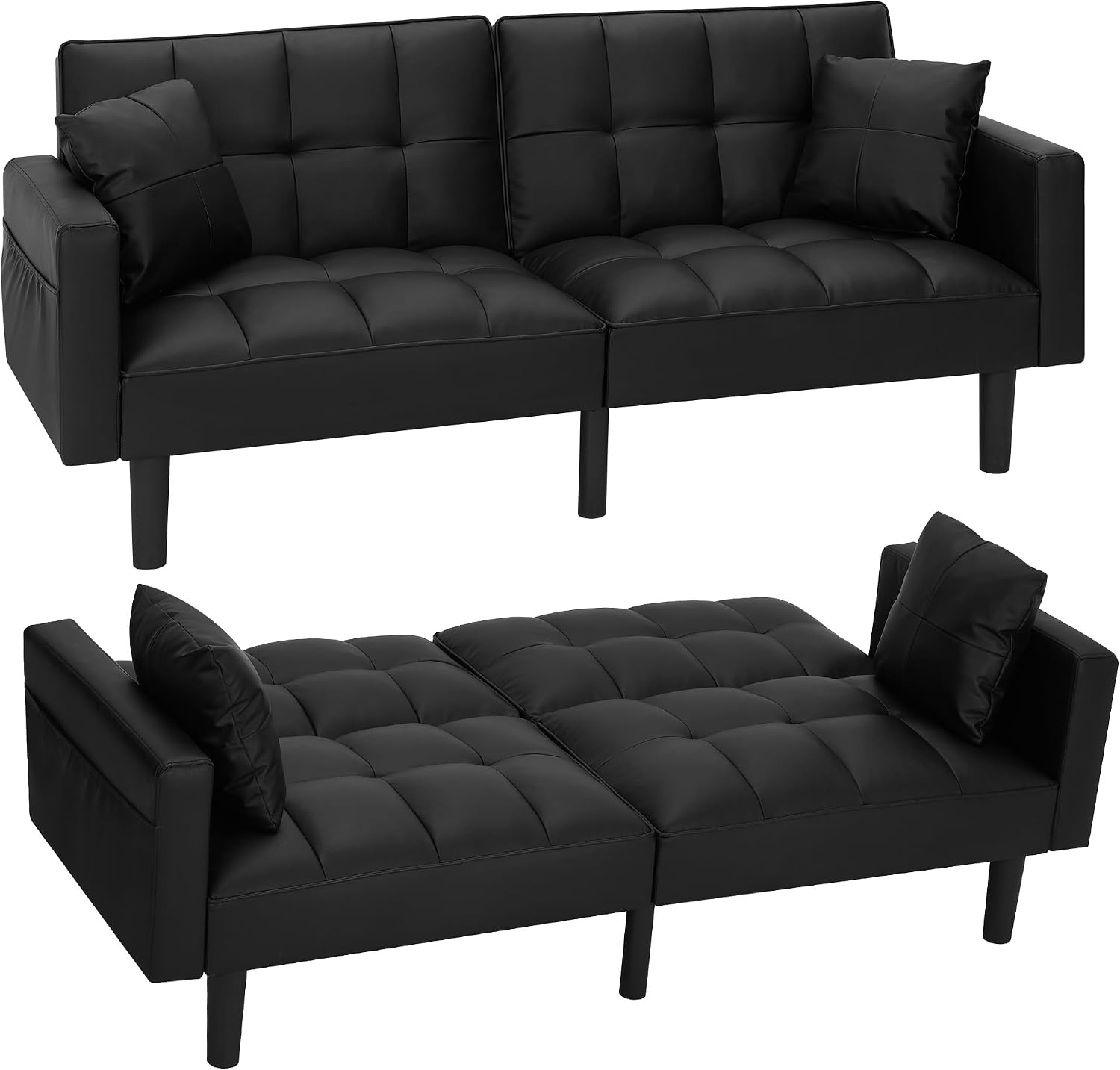 AVAWING Futon Sofa Bed, Modern Leather Convertible Upholstered Sleeper Couch with Adjustable Back, Arms and High Strength Nylon Legs for Living Room, Apartment, Office (Black)