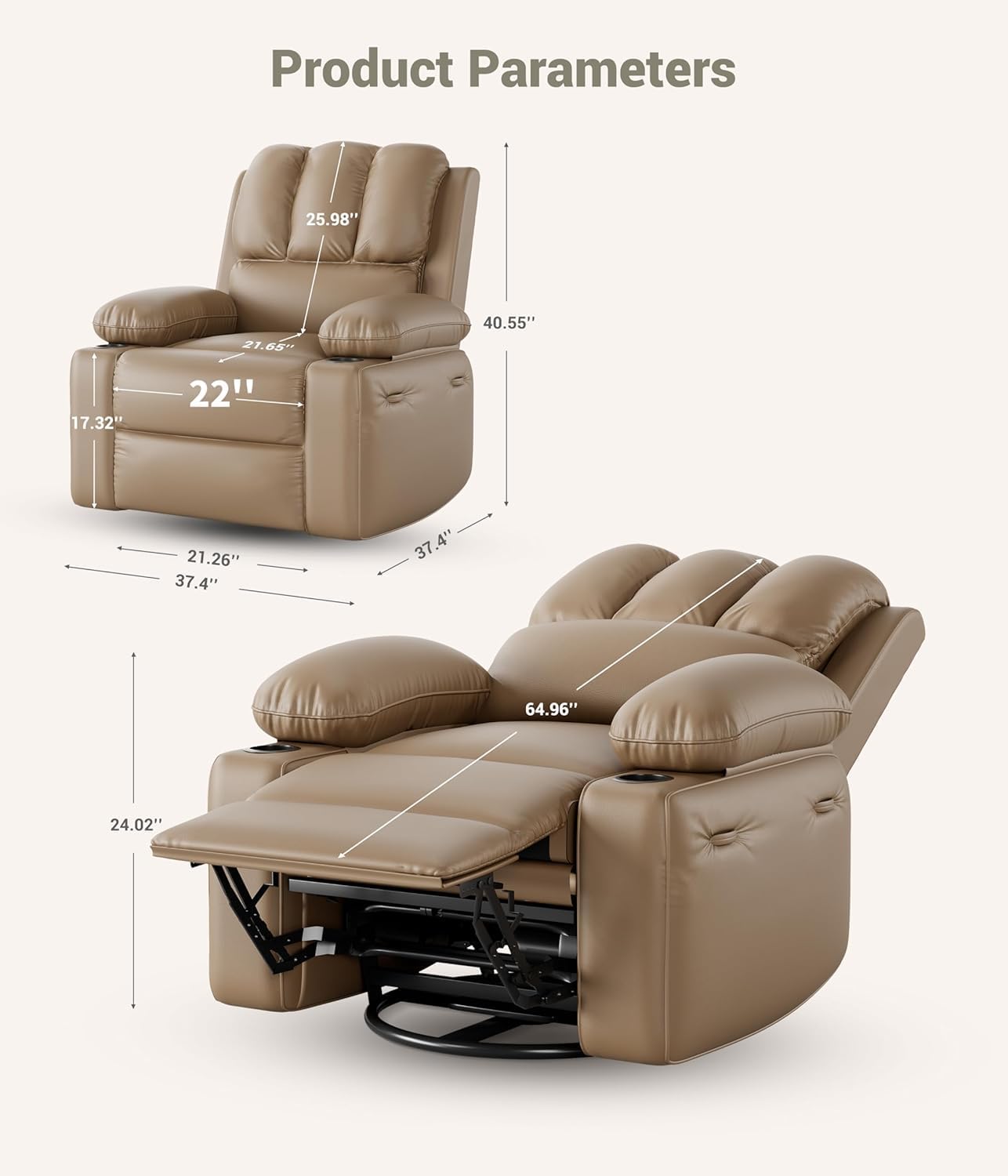 GarveeLife Oversized Recliner Chairs with Heat and Massage - Lazy Sofa for Adults- Manual Chair Recliner with Cup Holder for Living Rooms, Bedrooms and Nurseries - Tan
