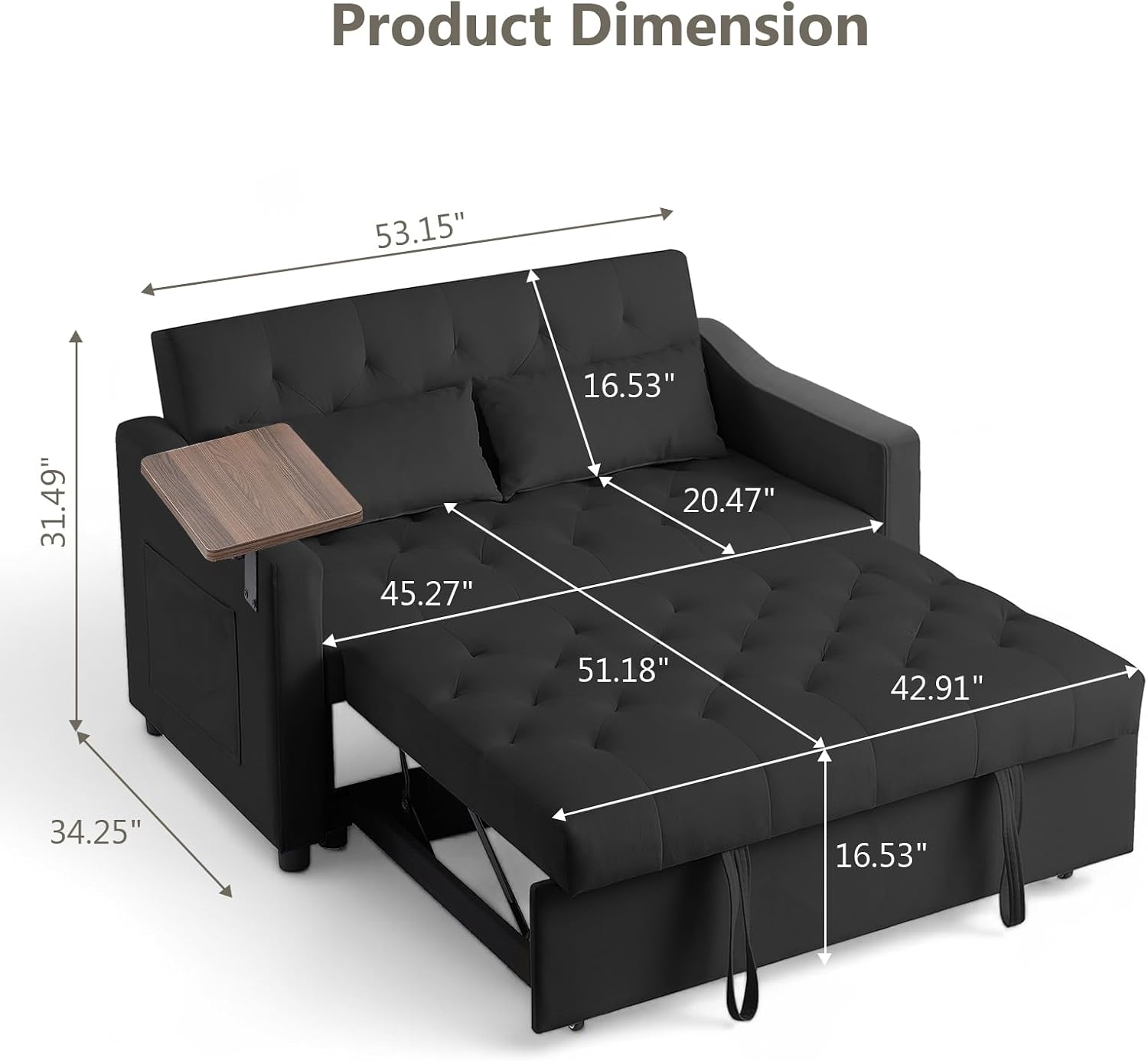 Skepphlay Convertible Couch, 3 in 1 Pull Out Sofa Bed with 3 Adjustable Backrest Loveseat with Storage and Pillows, Modern Recliner for Living Room Apartment, Black