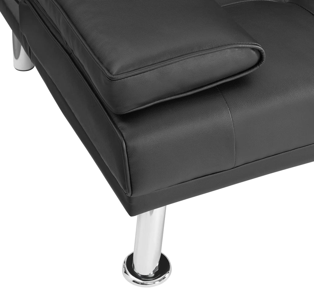 Naomi Home Low Profile Design: Convertible Folding Futon Sofa Bed Sleeper Couch for Living Room Faux Leather Upholstered Futon Sofa with Armrests, Metal Legs, 2 Cup Holders, Black