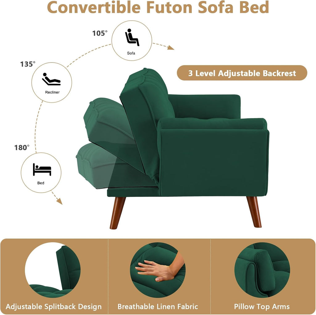 75' Convertible Futon Sofa Bed, Sleeper Couch Bed with Adjustable Backrest, Small Couches for Small Spaces, Living Room, Bedroom and Office (Green)