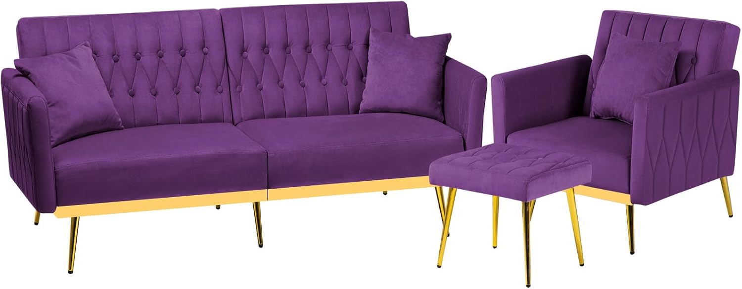 2 Pieces Velvet Sofa Set with Adjustable Armrest and Backrest, 70' Convertible Futon Sofa Bed & Mordern Accent Chair with Ottoman for Living Room, Bedroom, Purpel