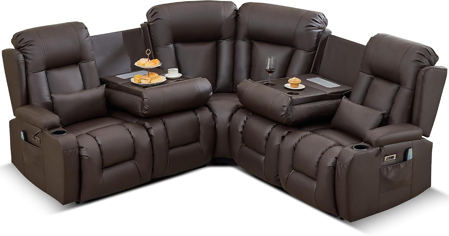 TUNYI Power Loveseat Recliner Sofa with Massage & Heat Home Theater Seating with Console RV Recliner Loveseat Sofa with USB/Storage/Side Pocket/LED Light/Speaker (Light Brown, 4 Seat with Corner)