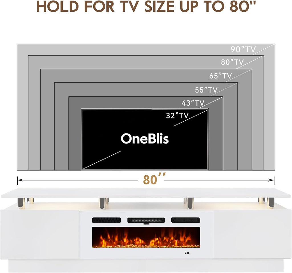80' Entertainment Center & TV Stand, Modern Media Console with Storage Cabinet, Fits TVs up to 90', Living Room Furniture, 36' Electric Fireplace (All White)