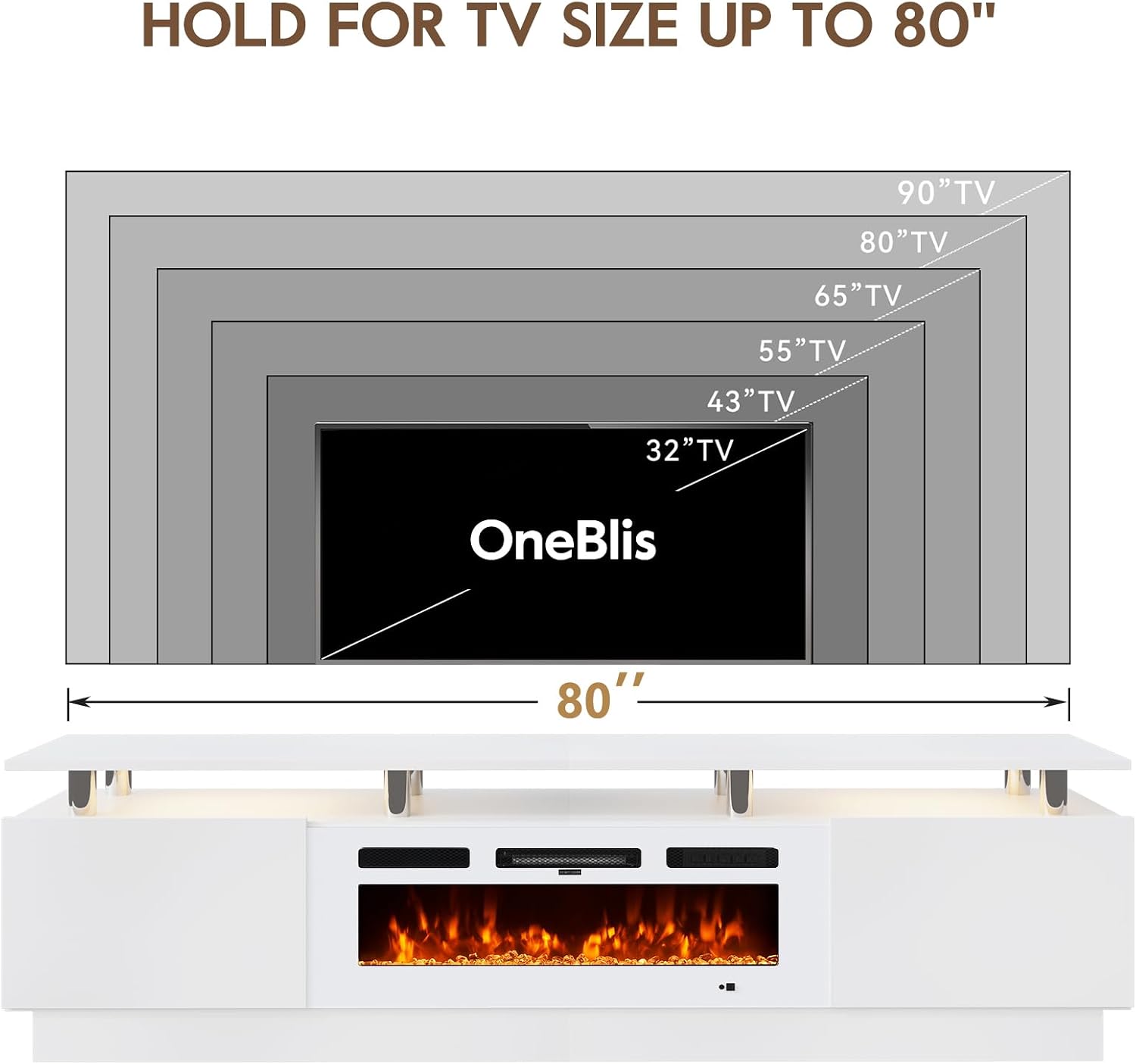 80' Entertainment Center & TV Stand, Modern Media Console with Storage Cabinet, Fits TVs up to 90', Living Room Furniture, 36' Electric Fireplace (All White)