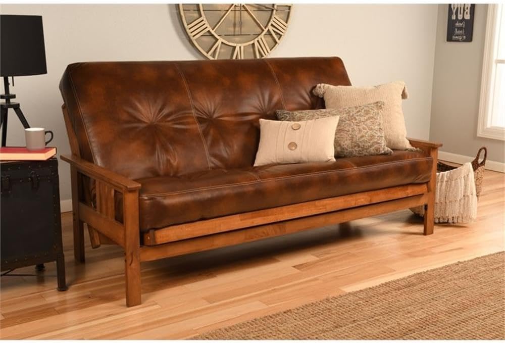 Pemberly Row 75' Traditional Full-Size Faux Leather Futon Mattress with Hinged Innerspring, Foam Construction, in Saddle Brown Finish, Frame Not Included