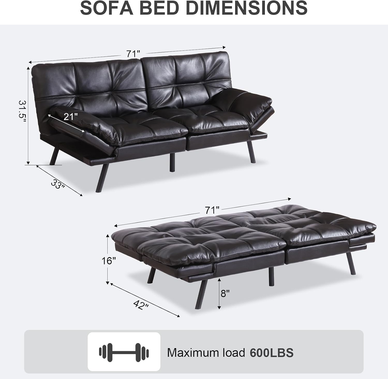 Vipbear Futon Sofa Bed Couch, 71' Convertible Sofa Bed, Space-Saving Loveseat with Adjustable Backrest & Armrest for Living Room,Apartment,Office,Black Sleeper Sofa