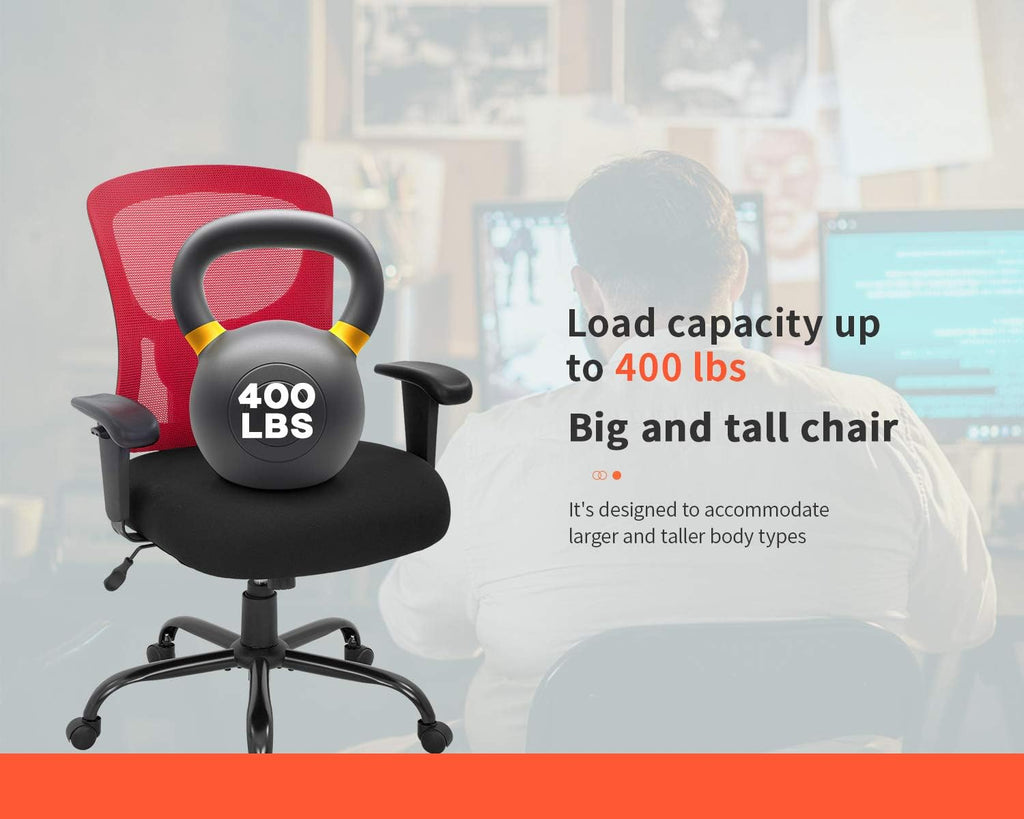 Big and Tall Office Chair+400lbs Wide Seat Mesh Desk Chair+Massage Rolling Swivel Ergonomic Computer Chair with Lumbar Support Adjustable Arms Task Chair for Heavy People+ (Red)