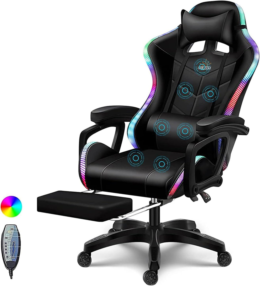 RGB Gaming Chair with Footrest and Speakers Ergonomic Massage Office Chair Lumbar Support Racing Game Chair Adjustable Height PU Leather Computer Chair for Adults Teens,Black