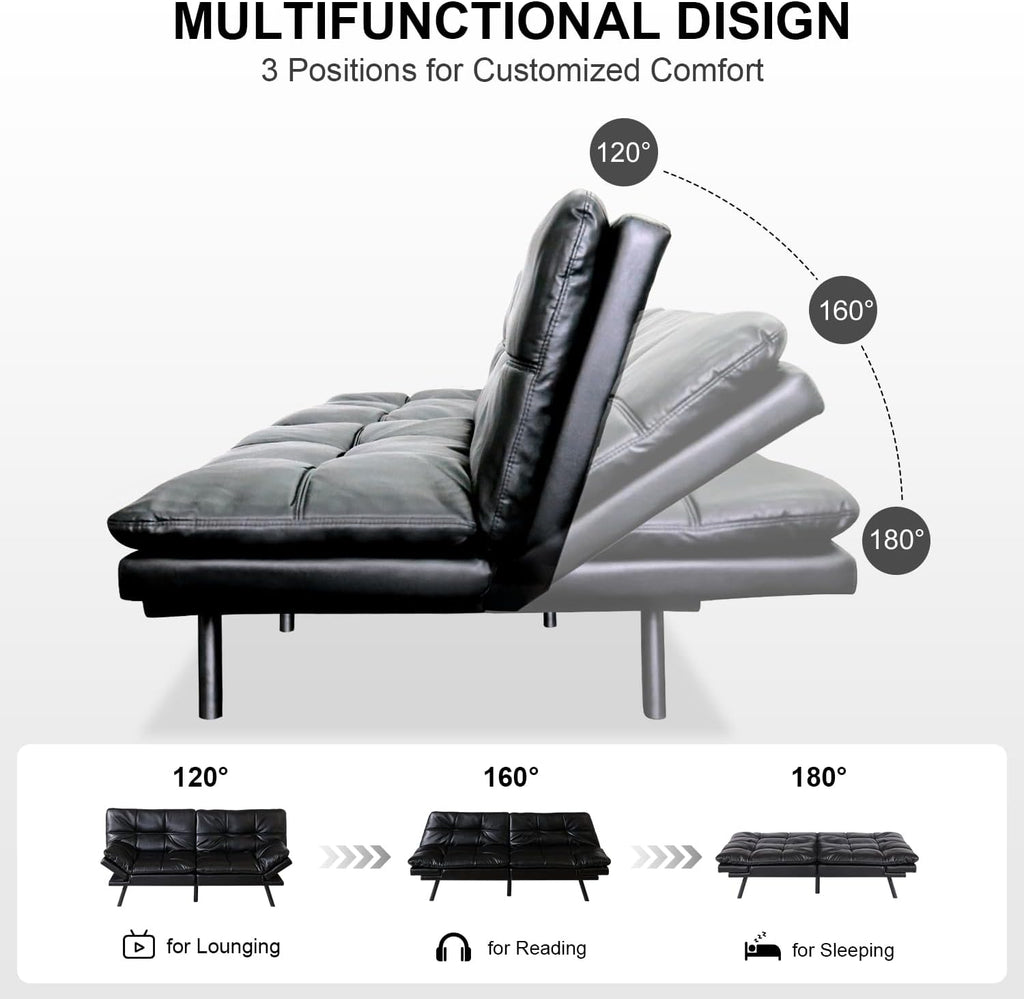 MUUEGM Futon Sofa Bed, 71' Folding Recliner Lounge with Adjustable Backrest & Armrests, Comfy Loveseat Sleeper Couch for Compact Spaces, Faux Leather, Black