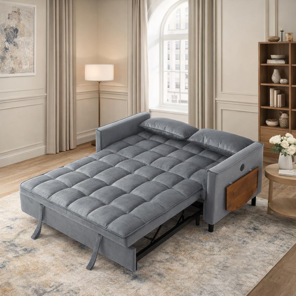 4 in 1 Convertible Sofa Bed, Pull Out Couch with Adjustable Backrest, Loveseat Sleeper Sofa Bed with USB Ports and Side Table, Couch Beds for Living Room, Bedroom, Apartment, Gray