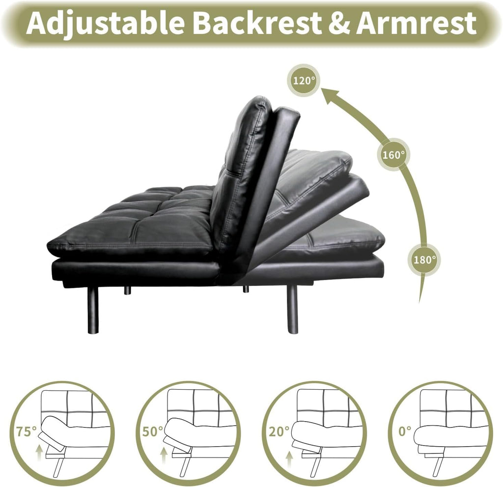 Vipbear 71' Futon Sofa Bed - Convertible Sofa Beds/Adjustable Backrest & Armrest, Comfy Loveseat Sleeper for Small Spaces, Apartments & Offices,Faux Leather Black Futons