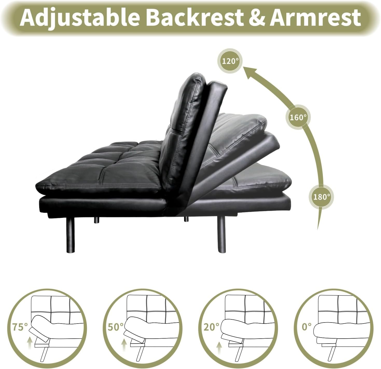 Vipbear 71' Futon Sofa Bed - Convertible Sofa Beds/Adjustable Backrest & Armrest, Comfy Loveseat Sleeper for Small Spaces, Apartments & Offices,Faux Leather Black Futons