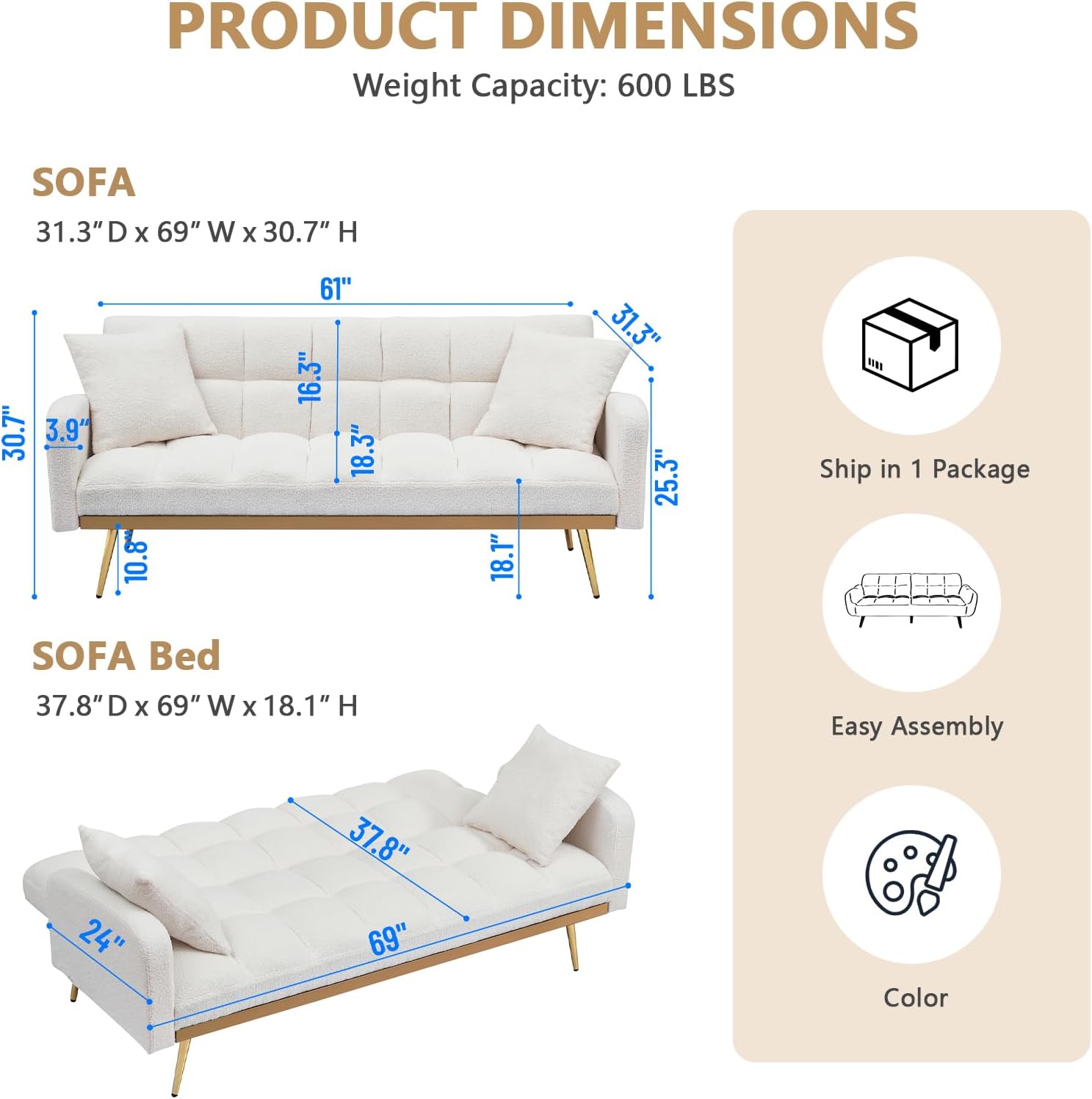 Teddy Futon Sofa Bed,69' Modern Small Love Seat Couch for Small Spaces,Convertible Tufted Sleeper Sofa Loveseat Couch Bed with Gold Metal Legs for Living Room,Bedroom (Teddy Beige)