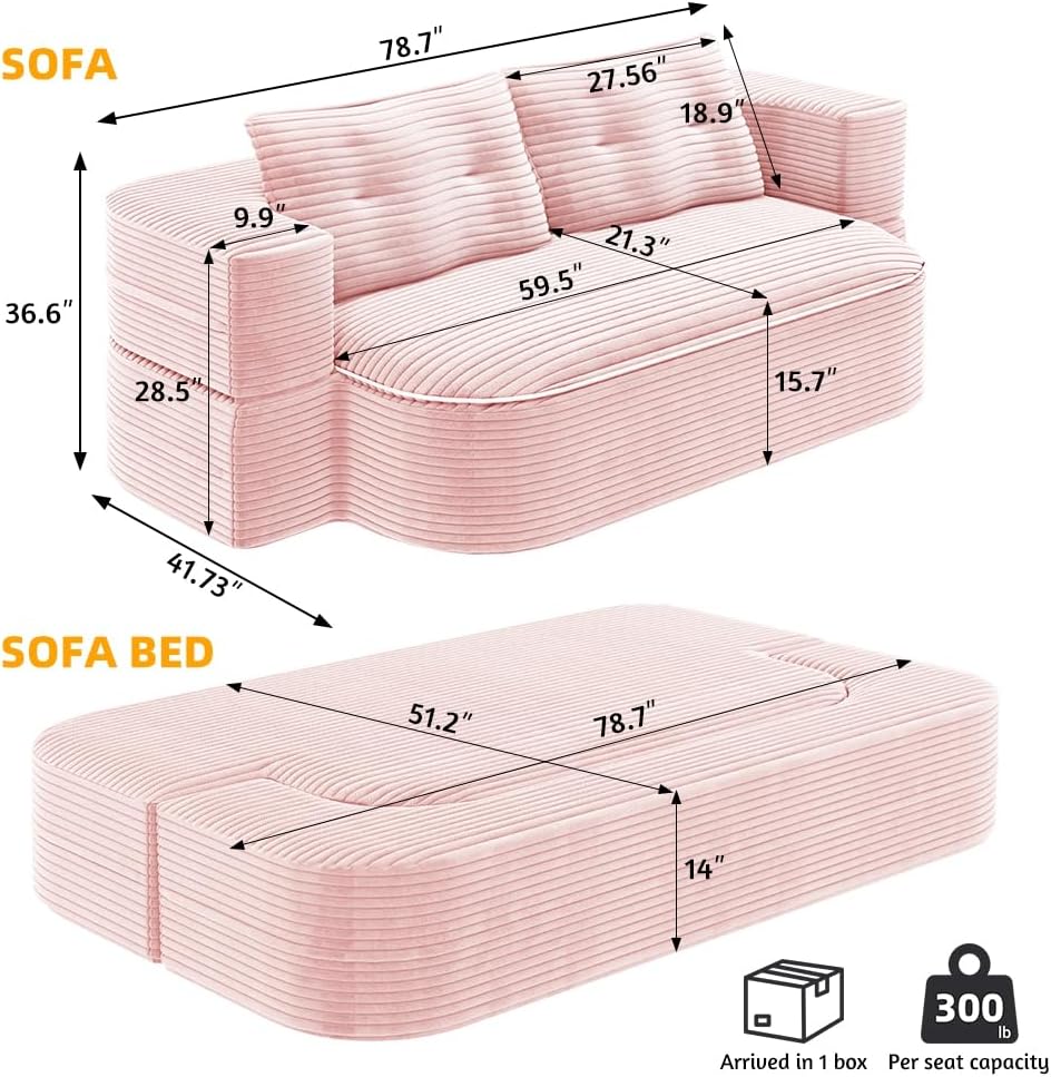78.7' Convertible Foldable Sofa Bed with Functional Blanket and 2 Soft Pillows, 2-in-1 Corduroy Fabric Loveseat Sofa Couch with Deep Seat, Curved Sleeper Couch Bed for Living Room (Baby Pink)