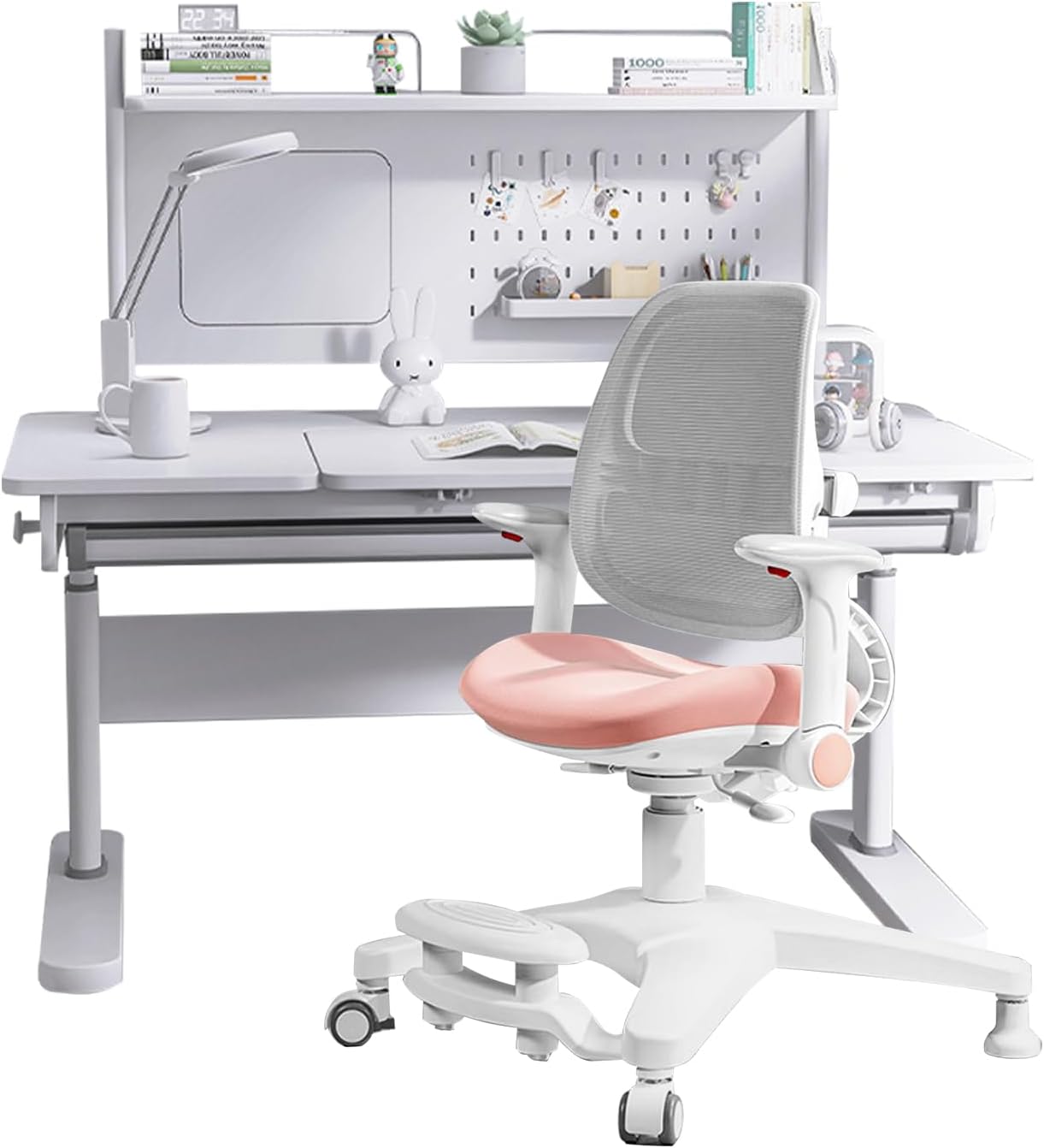 FCD Kids Study Desk and Chair, Wooden Height Adjustable Ergomonic Children Reading Writing Drafting Desk with Large Shelf, Tiltable Desktop and Pull-Out Drawer (Desk with Pink Chair)