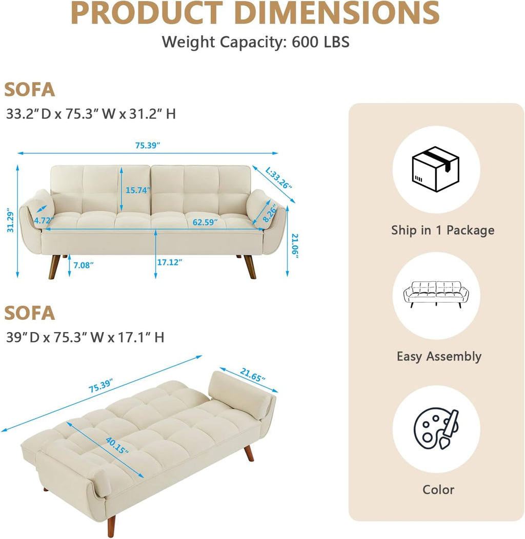 75' Convertible Futon Sofa Bed, Sleeper Couch Bed with Adjustable Backrest, Small Couches for Small Spaces, Living Room, Bedroom and Office (White)