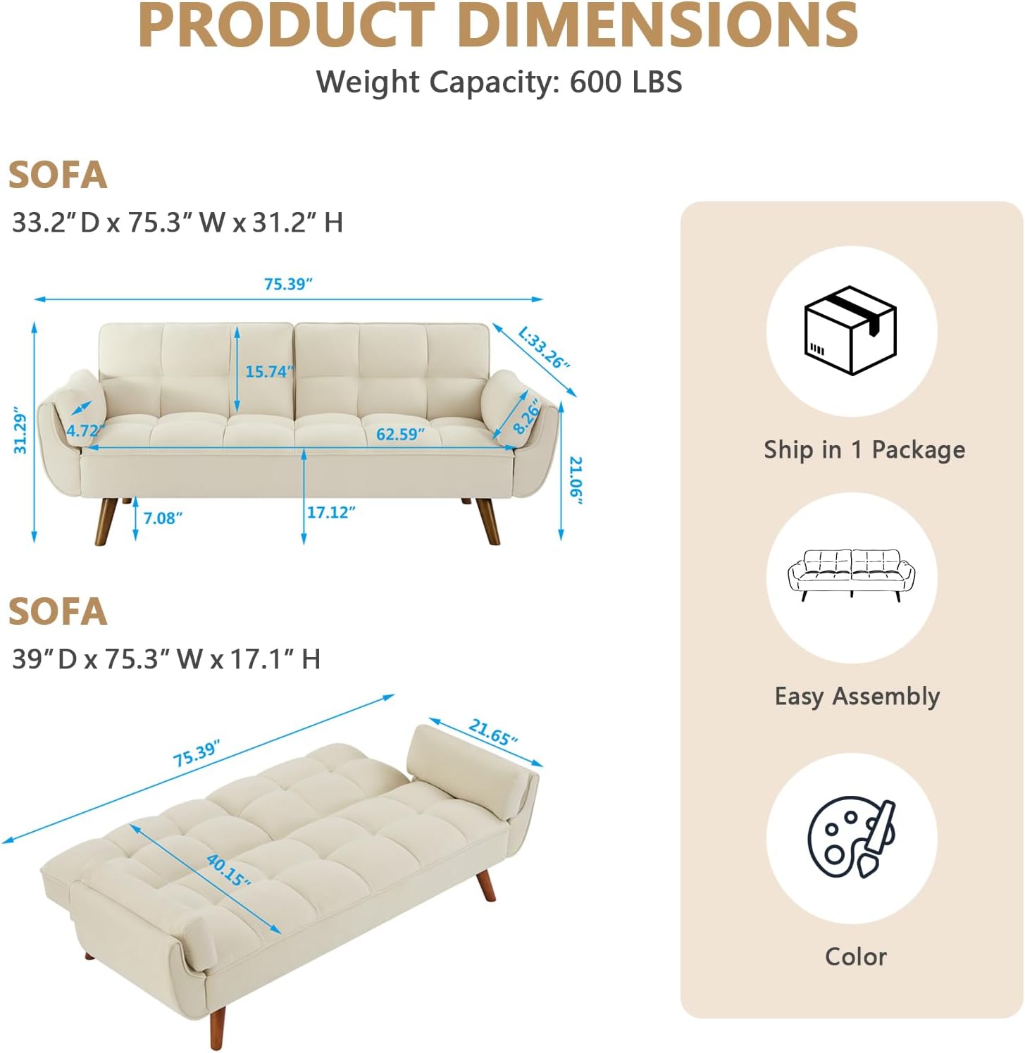 75' Convertible Futon Sofa Bed, Sleeper Couch Bed with Adjustable Backrest, Small Couches for Small Spaces, Living Room, Bedroom and Office (White)