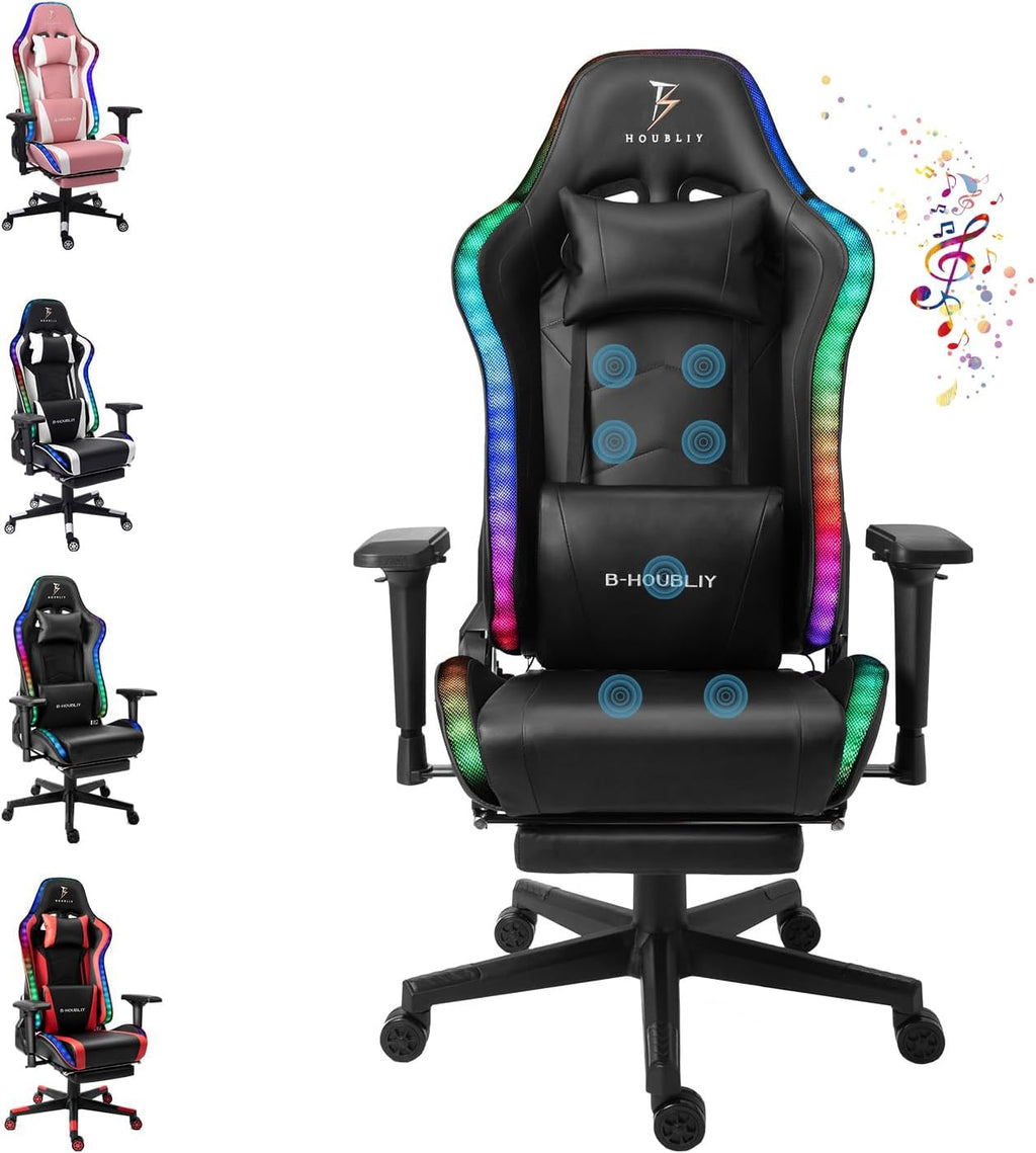 Gaming Chair Massage with Footrest Gamer Chair Ergonomic Office Chair PU Leather Computer Chair with Speakers and RGB Lights, High Back Desk Chair Lumbar Support and 4D Armrest for Adults,Black
