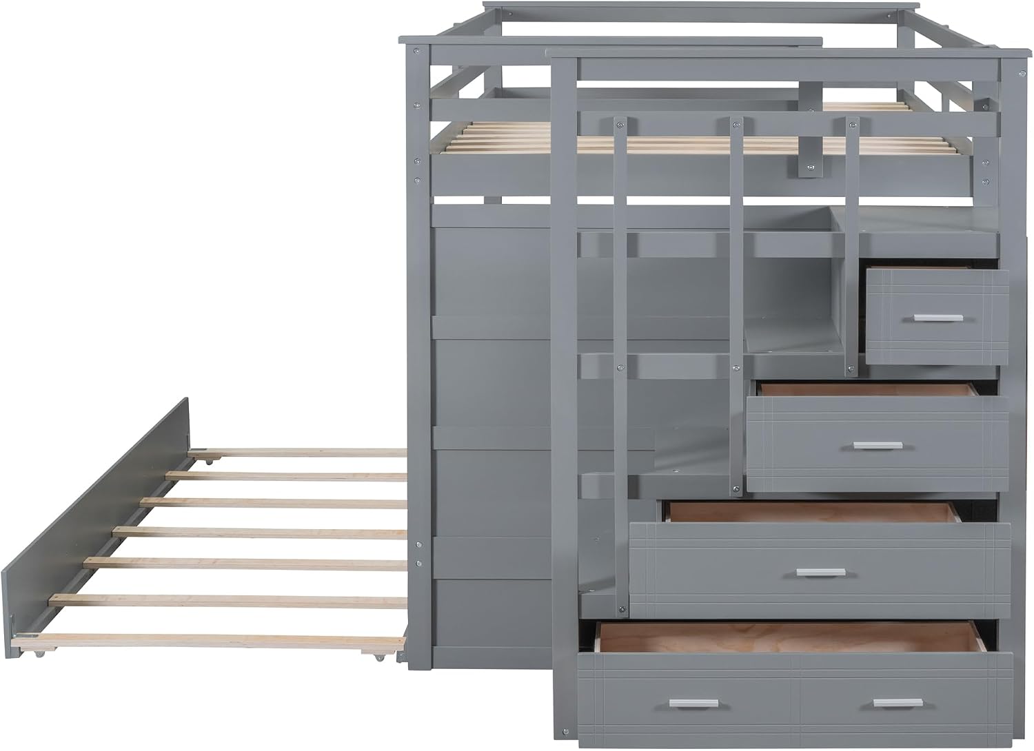 Harper & Bright Designs Full Over Full Bunk Bed with Twin Size Trundle and Stairs, Kids Bunk Beds with Storage Drawers, Wood Full Bunk Beds with Trundle and Guardrail for Kids Teens Adults, Gray