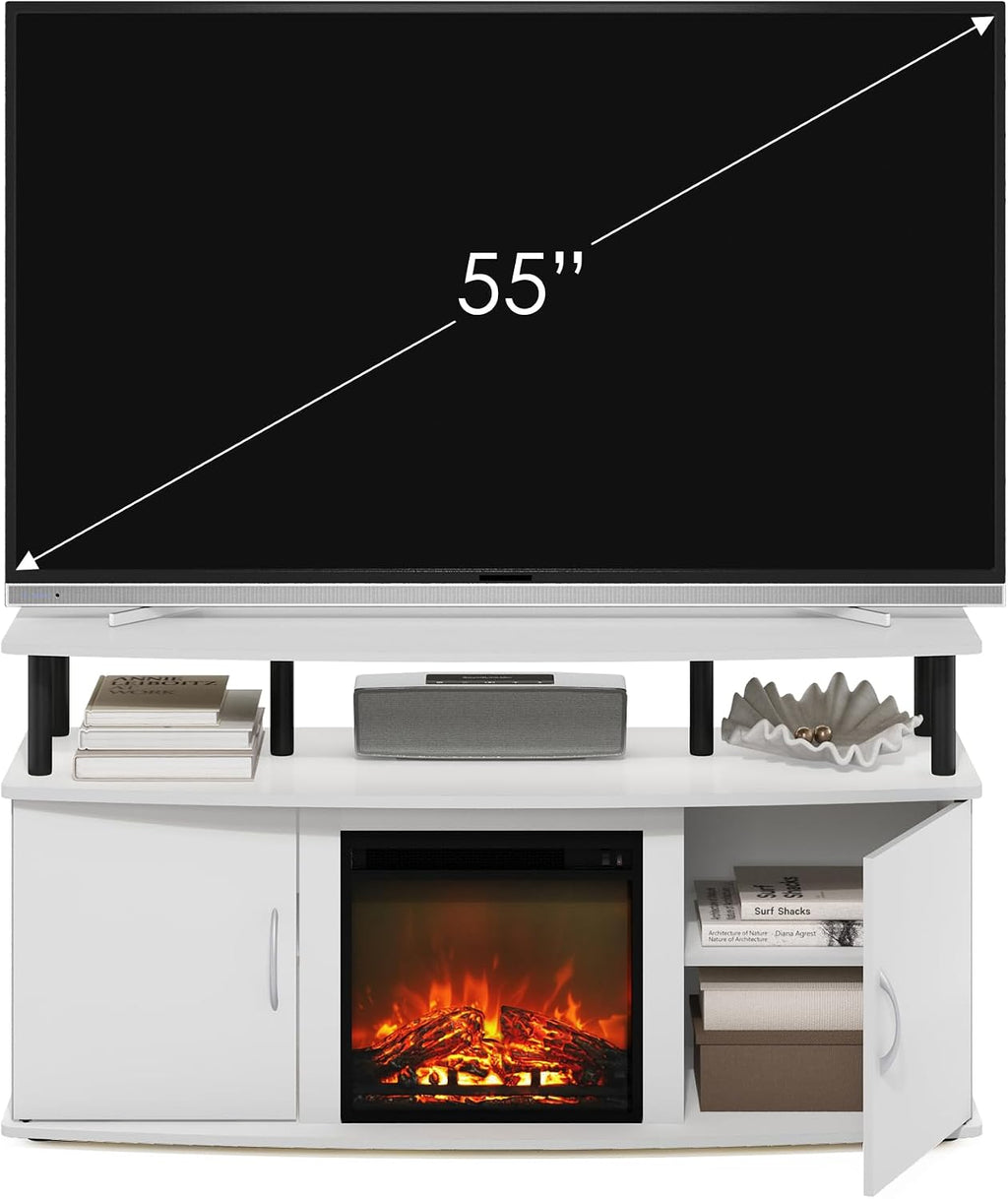 Furinno Jensen TV Stand, Entertainment Center, TV Console for TV up to 55 Inch with Fireplace and Open Shelf, Storage Cabinet, for Living Room, Bedroom, Plain White