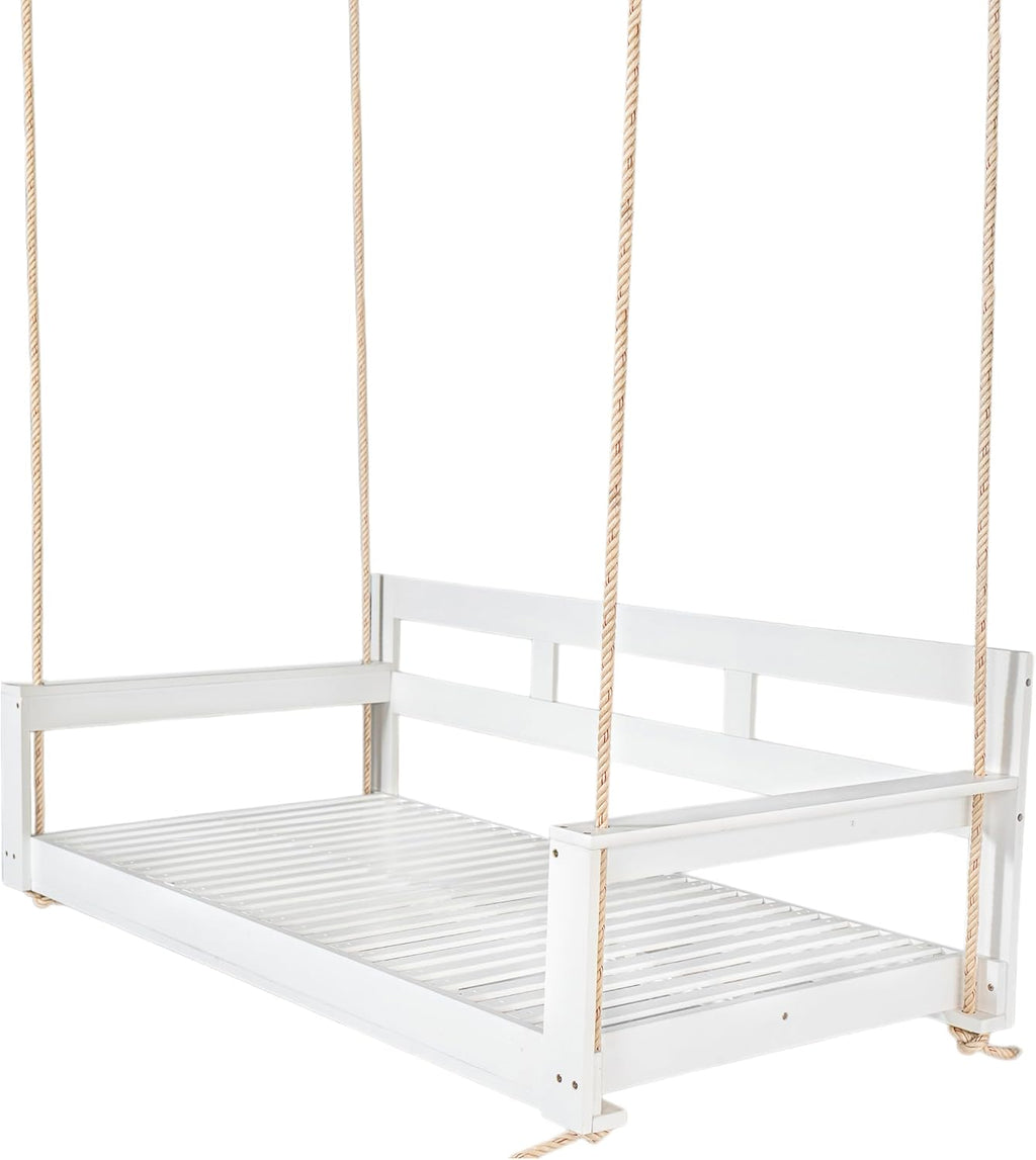 Harper & Bright Designs Patio Wooden Twin Size Porch Swing Daybed Frame, Garden Swing Bench Chair with 4 Hanging Ropes for Backyard,Outdoor,White