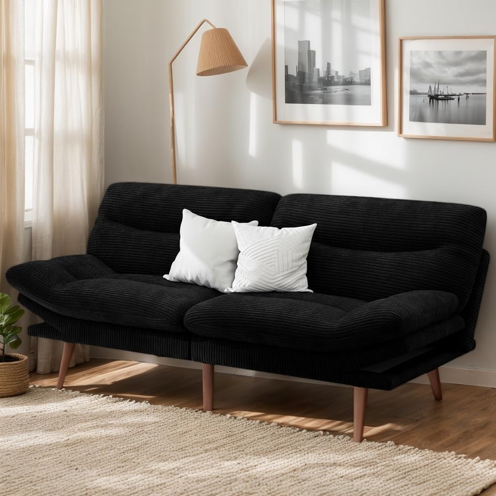 66″Futon Sofa Bed,3-in-1 Futon Couch w/Adjustable Backrest & Armrests, Convertible Sleeper Sofa Bed, Small Folding Sleeper Recliner w/Removable Cushion for Apartment, Living Room,Office (66in,Black)