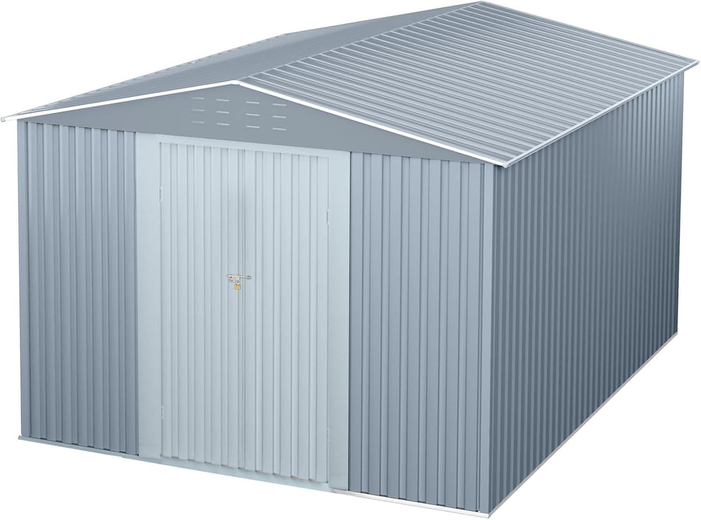 8x12 FT Outdoor Metal Storage Shed, Large Metal Storage Sheds with Sturdy Frame Structure, Garden Tool Shed with Lockable Door for Garden, Lawn, Backyard, Gray
