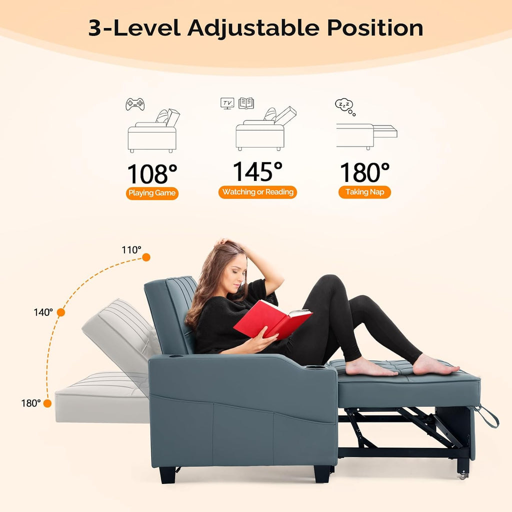 VINGLI Futon Sofa Bed Convertible Loveseat Sleeper Couch, Blue Grey Faux Leather Pull Out Couch Bed with USB Ports, Cup Holders, Armrest for Living Room, Bedroom Apartment Room