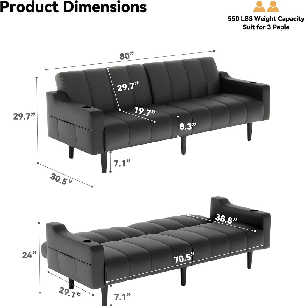 80'' Futon Sofa Bed,Faux Leather Futon Sleeper Sofa, Convertible Loveseat with Adjustable Sofa Backrest,Modern Couches for Living Room, Bedroom, Apartment, Office (Black)