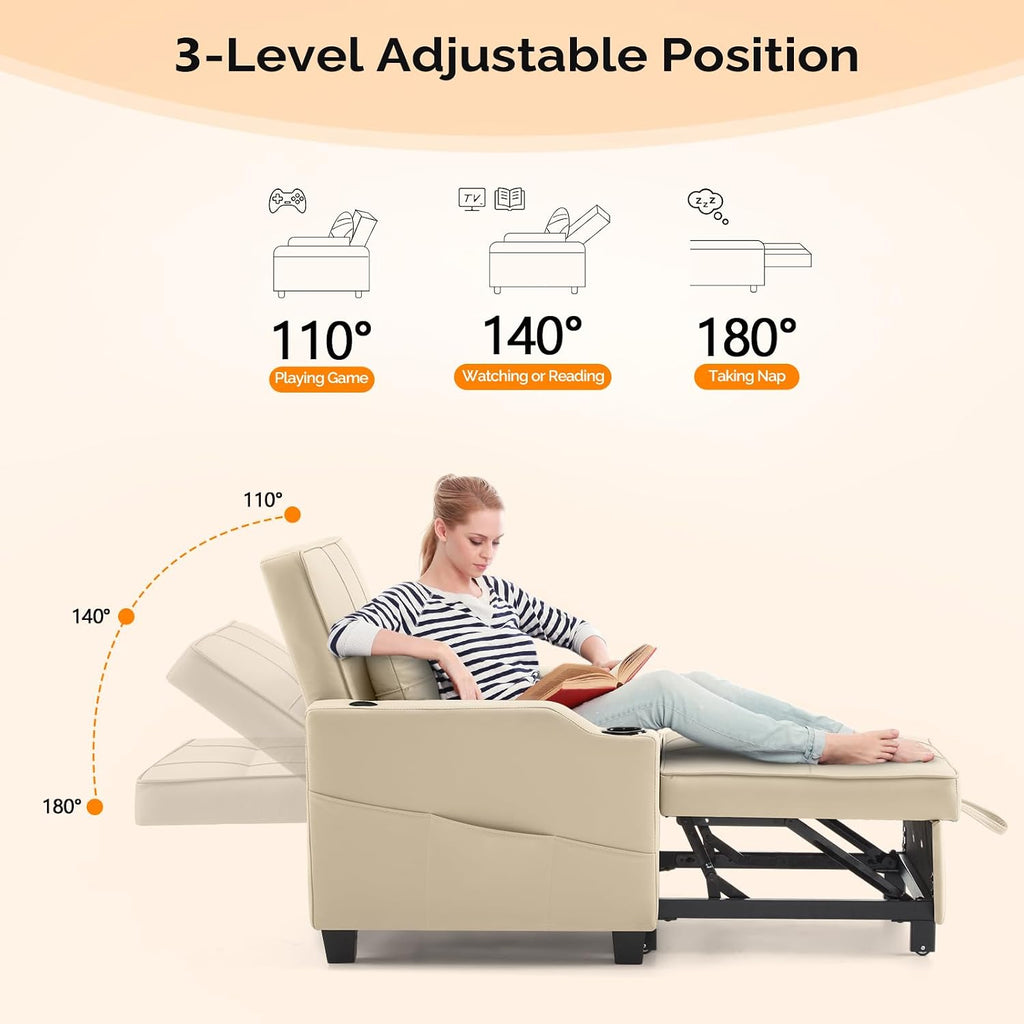 VINGLI Beige Sleeper Chair Bed 3-in-1 Convertible Futon Sofa Bed Pull Out Couch Bed Adjustable Recliner Chair with USB Ports Cup Holders Side Pockets for Living Room Bedroom Small Spaces
