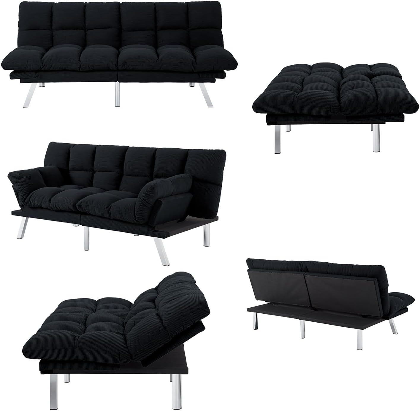 Black Modern Corduroy Convertible Folding Futon Couch Sofa Bed，Armless Cloud Double Loveseat Sofa Adjustable Backrest for Compact Living Dorm Game Studio Apartment Bedroom