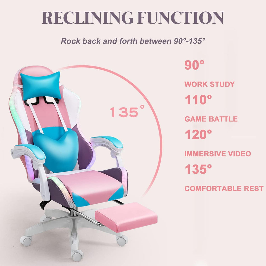 XOOFMASS RGB LED Gaming Chair for Adults, Ergonomic Video Game Chair with Speakers, Lumbar Support Office Chair Reclining Computer Chair with Footrest PU Leather Chair with Adjustable Backrest,Purple