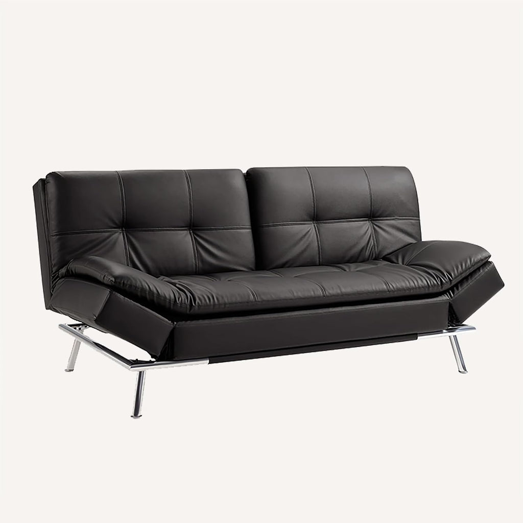 Modern Leather Convertible Folding Futon Couch Sofa Bed Adjustable Pillow Top Arm Memory Foam Couch Double Loveseat Sofa for Compact Living Space,Dorm,Game Studio,Apartment,Bedroom (Black PU)